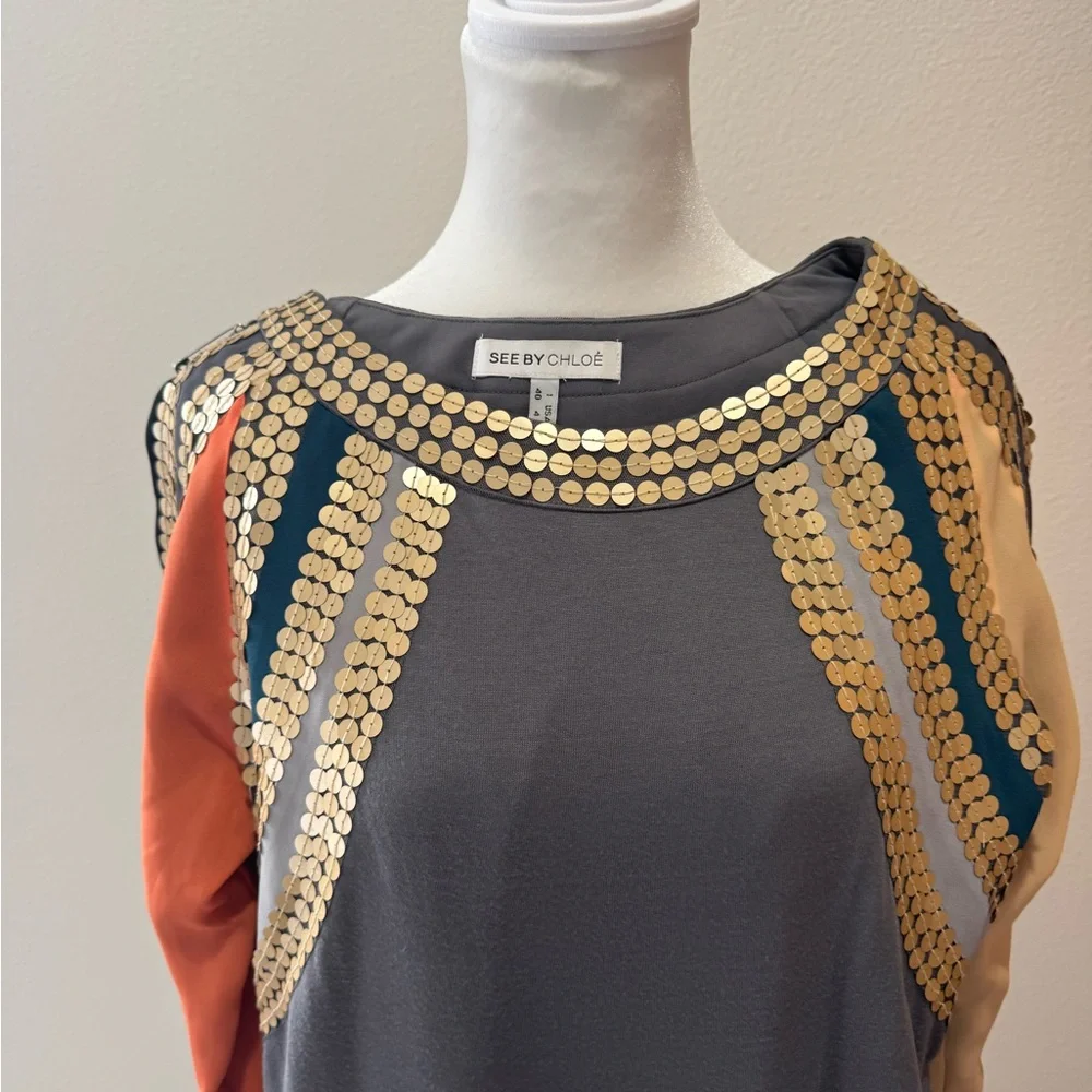 See by Chloé Gray Mini Dress with Sequined Stripes - Picture 3 of 9